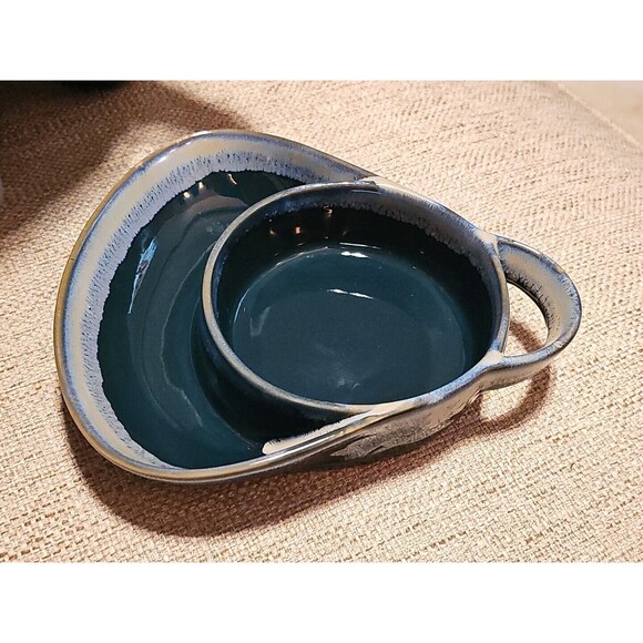 LTD Commodities Green Stoneware Drip Glaze Soup & Cracker Bowl / Chip & Dip Bowl - Picture 3 of 5